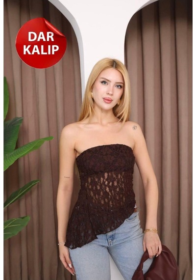 Moda Banuş Straplez Yaka Dantelli Asimetrik Body Kahverengi Gri