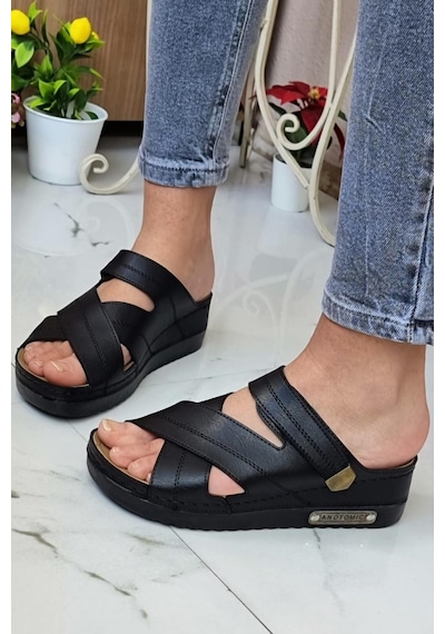 Neon Shoes Kadın Günlük Terlik Terletmeyen Anatomik Ortopedik Taban Suni Deri Anne Dışarı Ev Terliği 3005-07 001