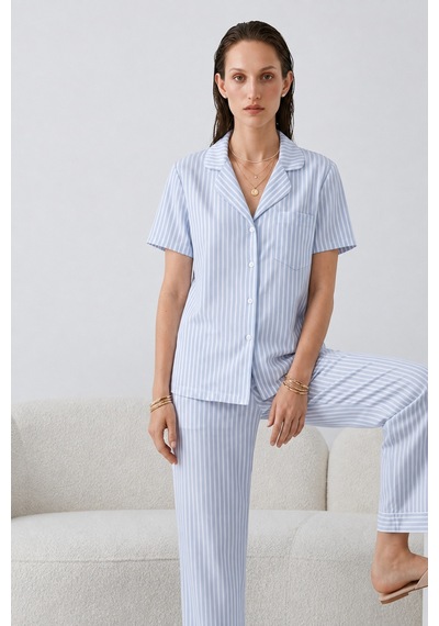 Regular V Yaka Günlük Mavi Pijama Takımı
