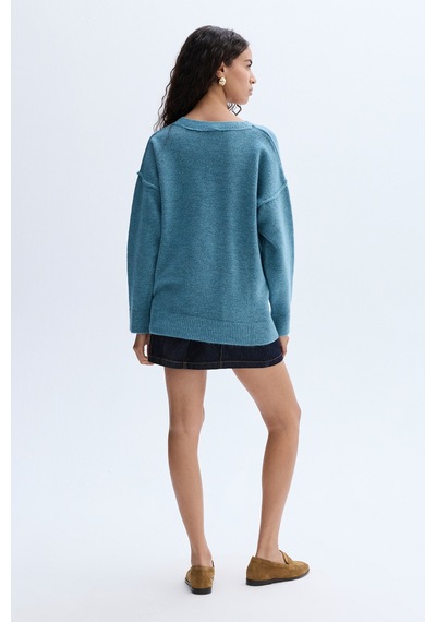 Mudo Kadın Kadın Mavi Loose Fit V Yaka Kazak 1264013