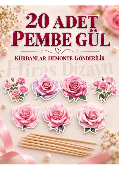 Hiras Dizayn Pembe Gül Kürdanlı Süs Seti 20 Adet Cupcake Pasta Sunum