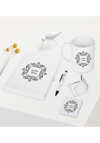 Kişiye Özel Beyaz Defter Kalem Kupa Ayna Seti - 1 Beyaz