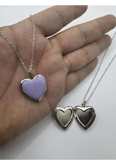 Lila Açılabilir Kapaklı Kalp Kolye 55 Cm Zincirli, Metal Resimlik Kolye Çok renkli