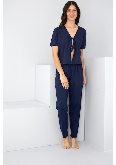 Siyah İnci Bağlamalı Örme Pijama Takım7889 Lacivert
