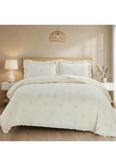 Love Nakışlı Elyaf Dolgulu Yatak Örtüsü Çift Kişilik 240x260 Krem