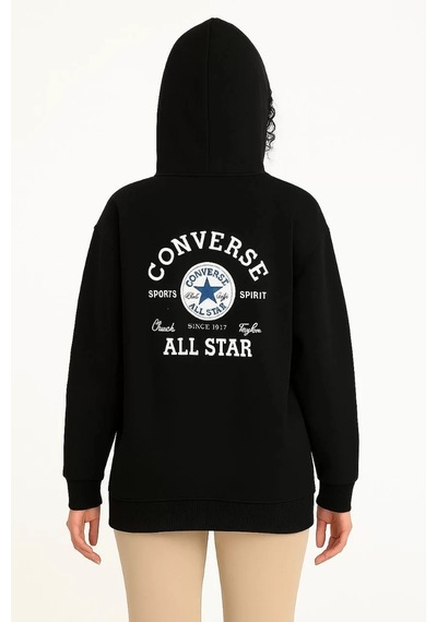 Üç İplik Kapşonlu Ön Ve Arka Baskılı Sweatshirt Hoodie- Siyah Siyah