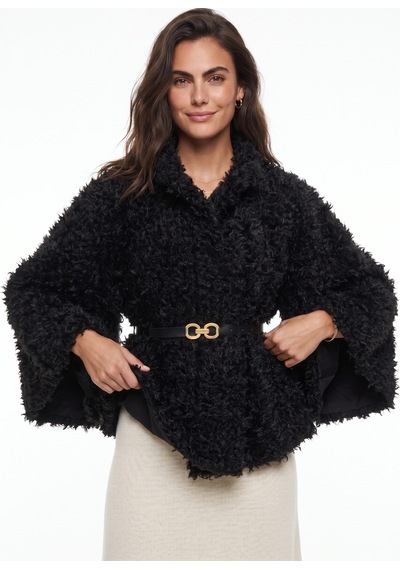 Onloox Kadın Siyah Siyah Yumuşak Dokulu Polyester Kumaş Belden Kemer Detaylı Peluş Form Panço