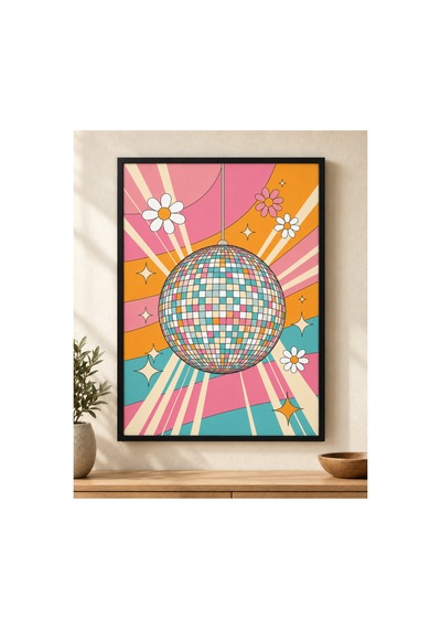 Renklerin Dansı Retro Disko Topu Posteri Papatyalı Renkli Dekoratif Duvar Posteri 21x30 Cm Çerçevesiz