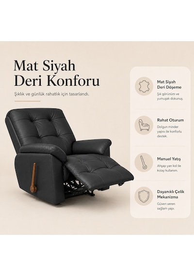 Smarto Relax Vıp Manuel Mekanizmalı Gerçek Deri Ceviz Ahşap Sırtlı Tv Koltuğu Baba Koltuğu Siyah