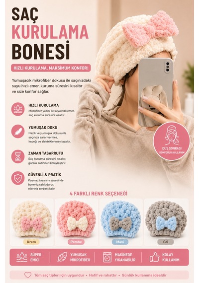 Fiyonklu Mikrofiber Saç Kurutma Bonesi Süper Emici Yumuşak Saç Kurulama Havlusu Duş Sonrası Saç Bonesi Saç Havlusu Açık Mavi