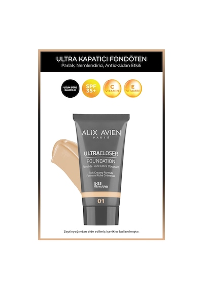 Alix Avien Ultra Kapatıcı Nemlendirici SPF35+ Faktör Ve E & C Vitaminli Fondöten Ultracloser Foundation 01