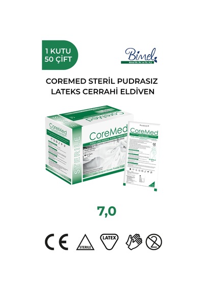 Coremed Steril Cerrahi Lateks Pudrasız Eldiven 7 Beden 50 Çift