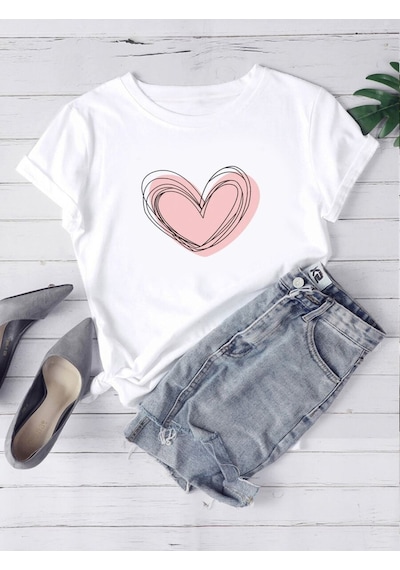 Uyguntarz Unisex Kalp Baskılı Tasarım Tshirt Beyaz
