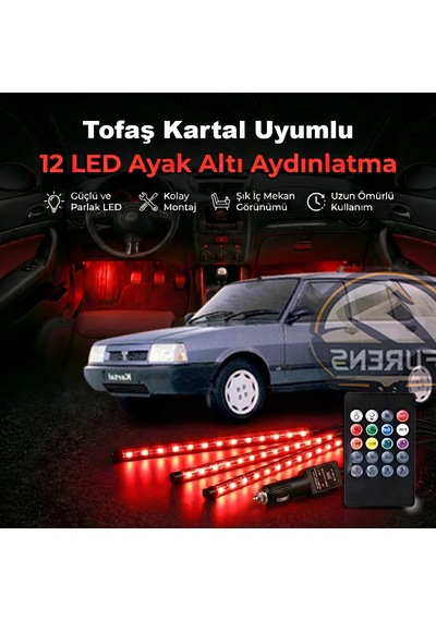 Tofaş Kartal Uyumlu Rgb Ayak Altı Led 12 Led Kumandalı Müzik Duyarlı Araç İçi Aydınlatma 7 Renk 12v 1