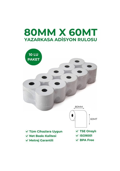 80x60 Termal Rulo Yazarkasa Adisyon Rulosu 6 Paket 60 Adet Tse Belgeli Bpa Free