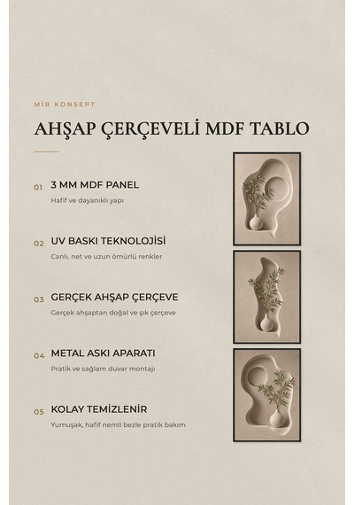 Ahşap Çerçeveli 3'lü Mdf Tablo Seti Uv Baskı Bej Organik Form Japandi Salon Duvar Dekoru Renk: Siyah Ölçü: 25 X 35