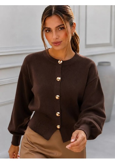 Park Karon Kadın Gold Metal Düğmeli Triko Hırka Balon Kol Crop Premium Ceket 12525 Kahve