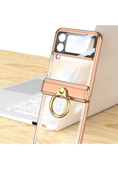 Rba Aksesuar Galaxy Uyumlu Z Flip 4 Kılıf Rba Kıpta Yüzüklü Lens Korumalı Kapak - Gold Altın