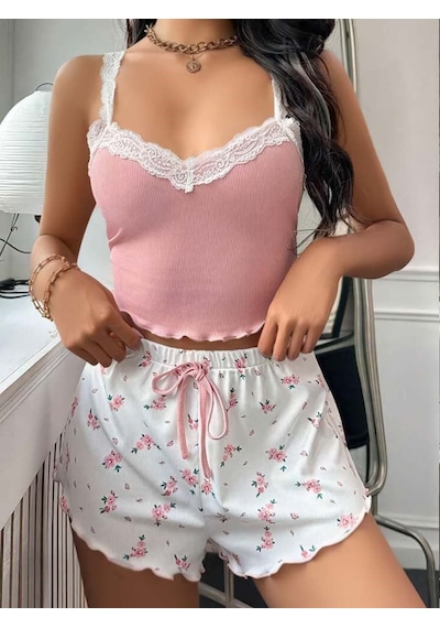 İkikareshop Kadın Çiçek Desenli Dantel Askılı Şortlu Pijama Takımı 5200 Çok Renkli