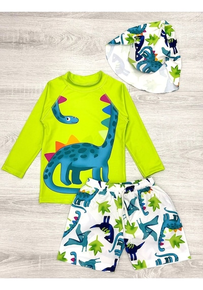 My Kids Wear Güneş Korumalı Boneli Karakter Desenli Deniz Şortlu Mayo Takım Koyu Lacivert