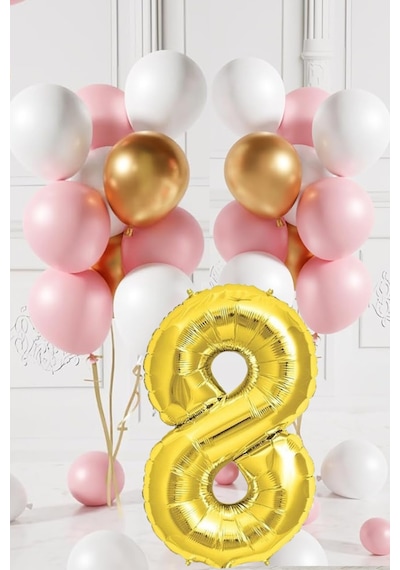 8 Yaş Retro Gold Pembe Beyaz Balon Seti Gold Rakamlı Doğum Günü Balonu Şık Parti Süsleme Çok Renkli