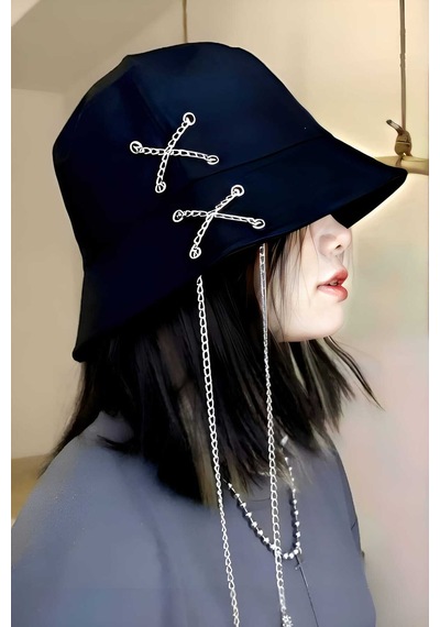 Tezzgelsin Unisex K Pop Tasarım Zincirli Bucket Şapka Siyah