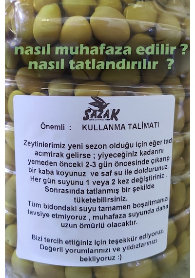 Sazak Yeşil Kırma Zeytin Mut Zeytini ( 261-290 M Kalibre) 5 L Pet Yeni