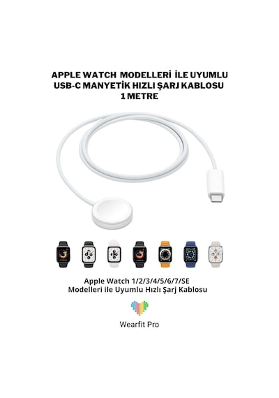 Wearfitpro İos Apple Watch Modelleri İle Uyumlu Type-c Usb-c Manyetik Hızlı Şarj Kablosu 1 Metre