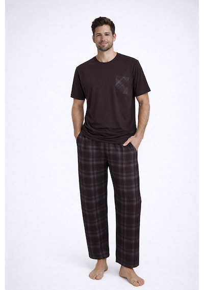 Erkek Pamuklu Üst Füme Göğüs Cepli Kısa Kollu Pijama Takımı Ke30304 Kahverengi