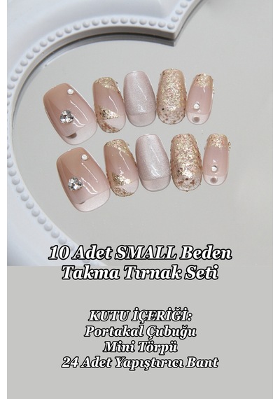 Kısa Takma Tırnak Seti Small Beden Simli Ve Desenli Tırnak 10 Adet Ve Yapıştırıcı Dahil T022