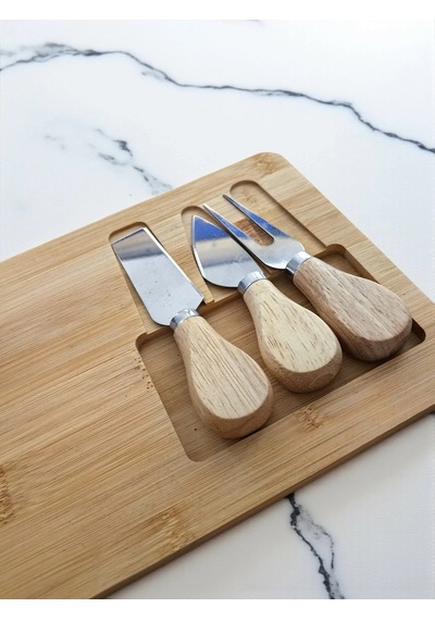 Doğal Bambu Bıçaklı Peynir Servis Sunum Tabağı Kahvaltı Sunum Tahtası Seti 4 Parça 30x17 Cm Kahverengi