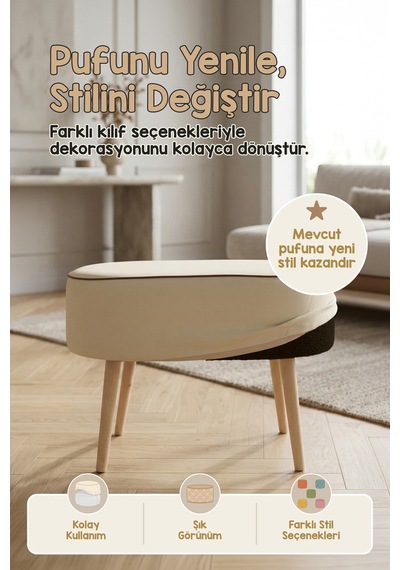 Yıkanabilir Puf Tabure Kılıfı Tak-Çıkar-Değiştir-Yenile Orta Sehpa Kılıfı 59x37x17 Meek Bej