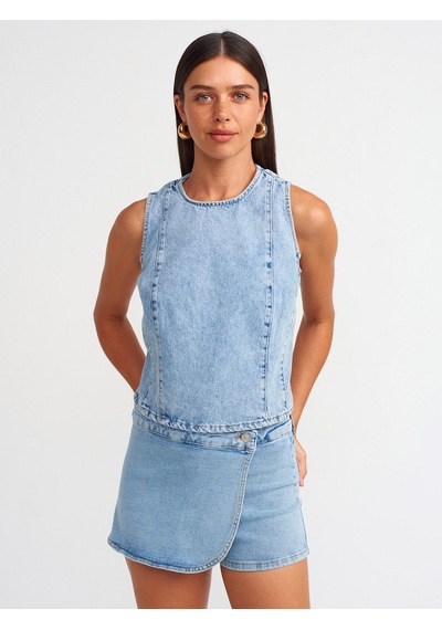 Dilvin Kruvaze Denim Şort Etek Mavi