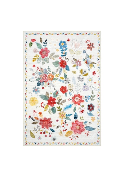 Cool Halı Daisy Beyaz Renkli Bohem Halı Yıkanabilen Çiçekli Dokuma Şönil Halı Vintage Ev Oda Halısı