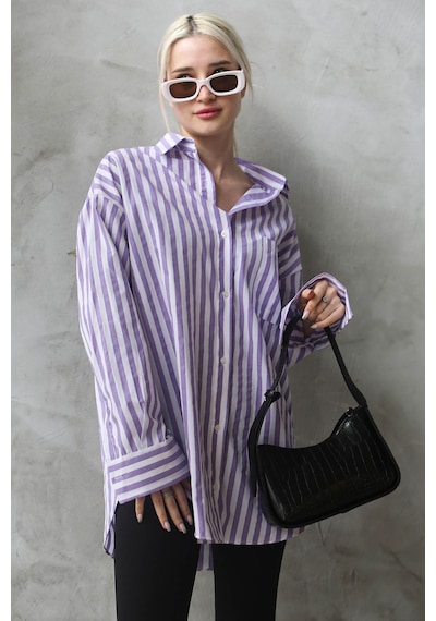 Madmext Mor Çizgili Oversize Kadın Gömlek Mg1688-mor Mor