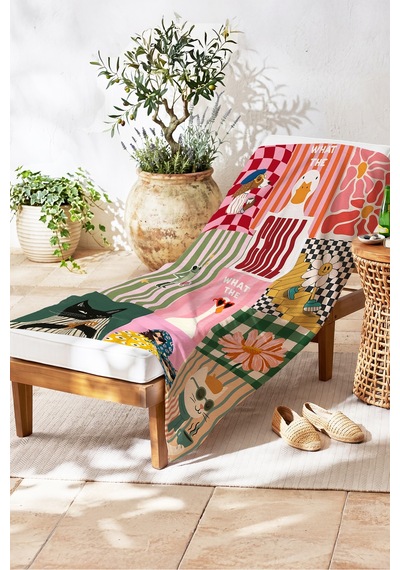 Retro İtalyan Figürlü Patchwork Plaj Havlusu - Bohem Renkli Modern Havuz Deniz Banyo Sahil Örtüsü Donuk Kumul