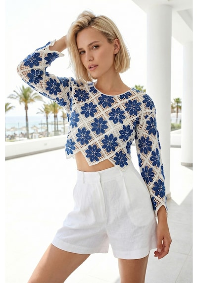 Sayzen Your Shine Çiçek Desenli Dantel Işleme Crop Sayzen Çiçek Desenli Dantel Işleme Crop Mavi