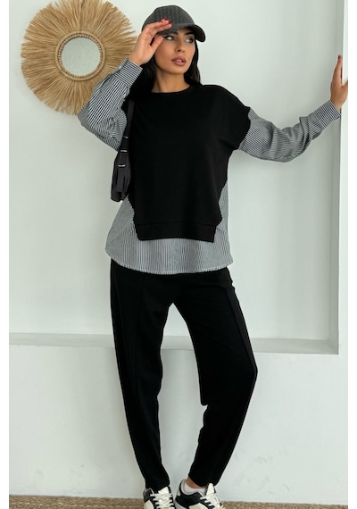 Ded Collectıon Kadın Mavi Beyaz Çizgili Modern Tasarım Uzun Kollu Gömlek Detaylı Sweatshirt Modal Takım Siyah