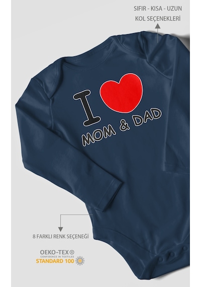 I Love Mom And Dad Baskılı Bebek Zıbını Çıtçıtlı Body %100 Pamuk Uzun Kol Lacivert