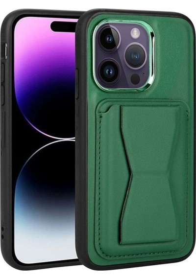Apple Uyumlu iPhone 14 Pro Max Kılıf Kartlıklı Standlı Pu Deri Zore Memo Kapak Koyu Yeşil