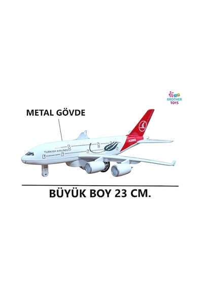 Metal Gövdeli Büyük Boy 23 Cm. Sesli Işıklı Çekbırak Oyuncak Uçak Türk Hava Yolları Thy