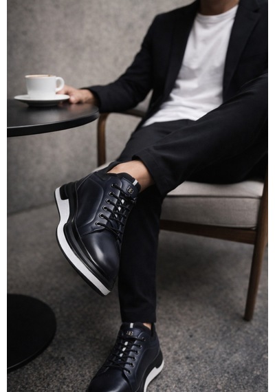 Muggo Reid Hakiki Deri Erkek Kalın Taban Bağcıklı Günlük Casual Sneaker Lacivert