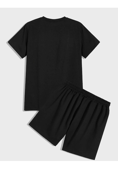Moon T-shirt Şort - Siyah Alt Üst Kombin Şort Tişört Takım Baskılı Oversize Bisiklet Yaka Siyah