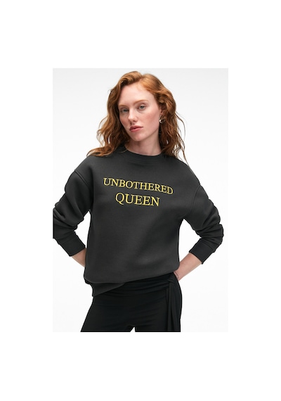 Grımelange ISOLUNE Kadın Yaka Nakış Detaylı Oversize Bisiklet Yaka Antrasit Sweatshirt