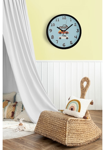 Arabalı Çocuk Odası Modern Duvar Saati - 25cm - Önü Camlı Siyah Kasa - Sessiz Mekanizma-jh0527 Siyah