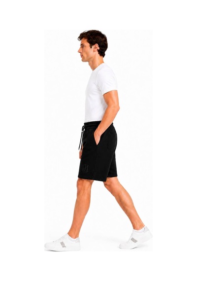 Erkek Regular Fit Beli Lastikli Bağcıklı Enjeksiyon Baskı Detaylı Bermuda Şort Siyah