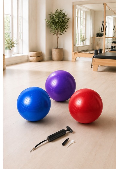 3 Lü Set 55 Cm Pilates Topu Ve Şişirme Pompası Mavi Mor Kırmızı Denge Yoga Fitness Egzersiz Topu Çok Renkli