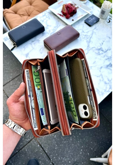 Tigan Unisex Antik Taba Çift Fermuarlı Hakiki Deri Telefon Cüzdanı El Çantası Taba