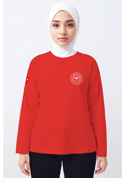 Kırmızı 112 Acil Sağlık Bisiklet Yaka Uzun Kollu Tişört Unisex