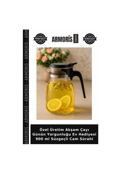 Özel Üretim Akşam Çayı Günün Yorgunluğu Ev Hediyesi 900 Ml Süzgeçli Cam Sürahi